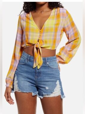 bp Yellow & Lavender Plaid Tie-Front Crop Top